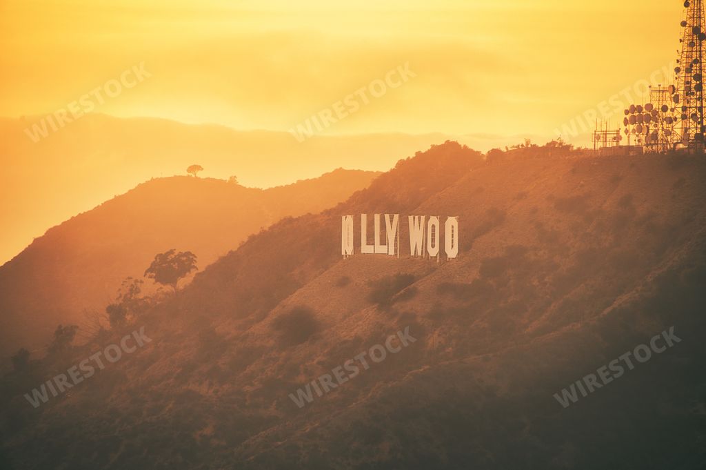 The Hollywood sign on the mountain at fascinating sunset, USA