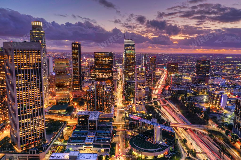 An aerial shot of downtown Los Angeles at night