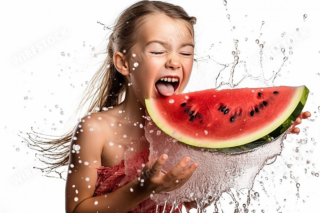 An AI generated illustration of a young girl enjoying a delicious piece of watermelon, with water splashes