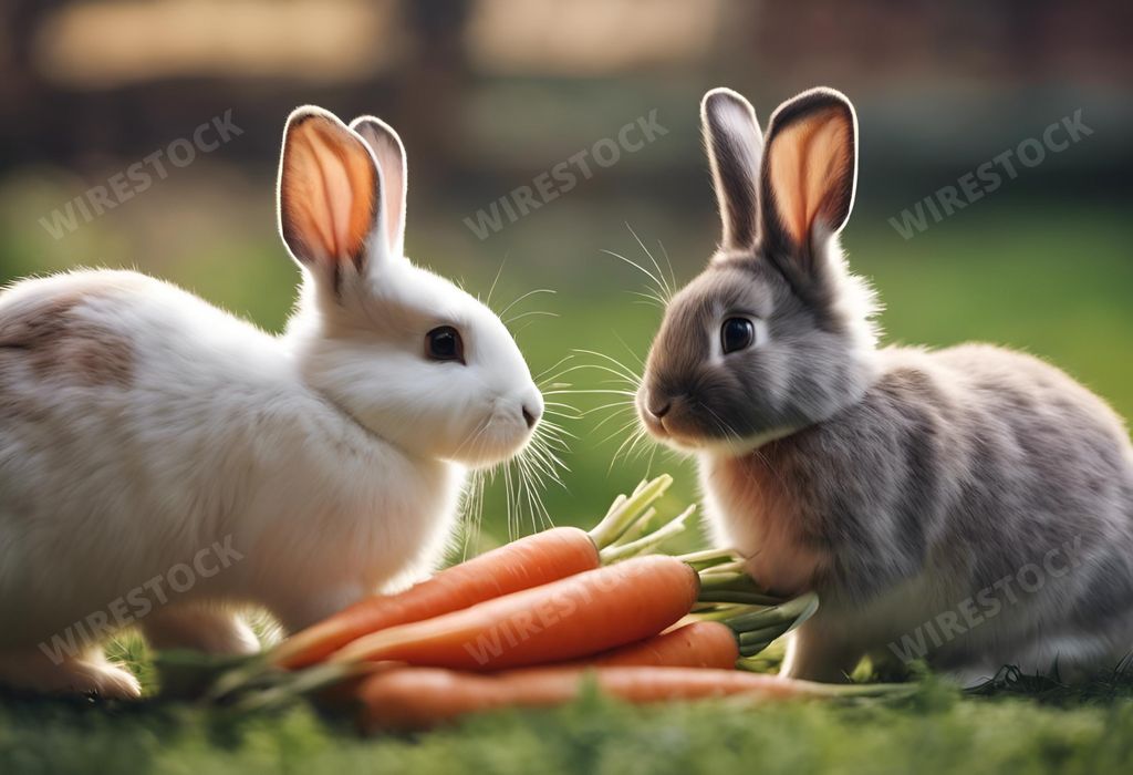 An AI generated illustration of Two playful bunnies frolic with carrots in a lush meadow