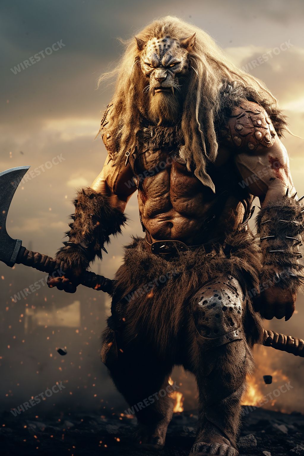 An AI generated illustration of a fictitious viking character, standing proudly in a heroic pose while holding weapons