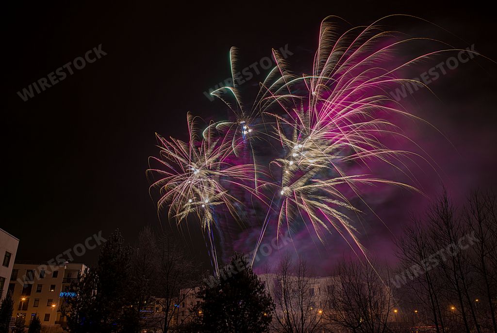 A beautiful fireworks display in the dark night sky of Riga, Latvia during New Year