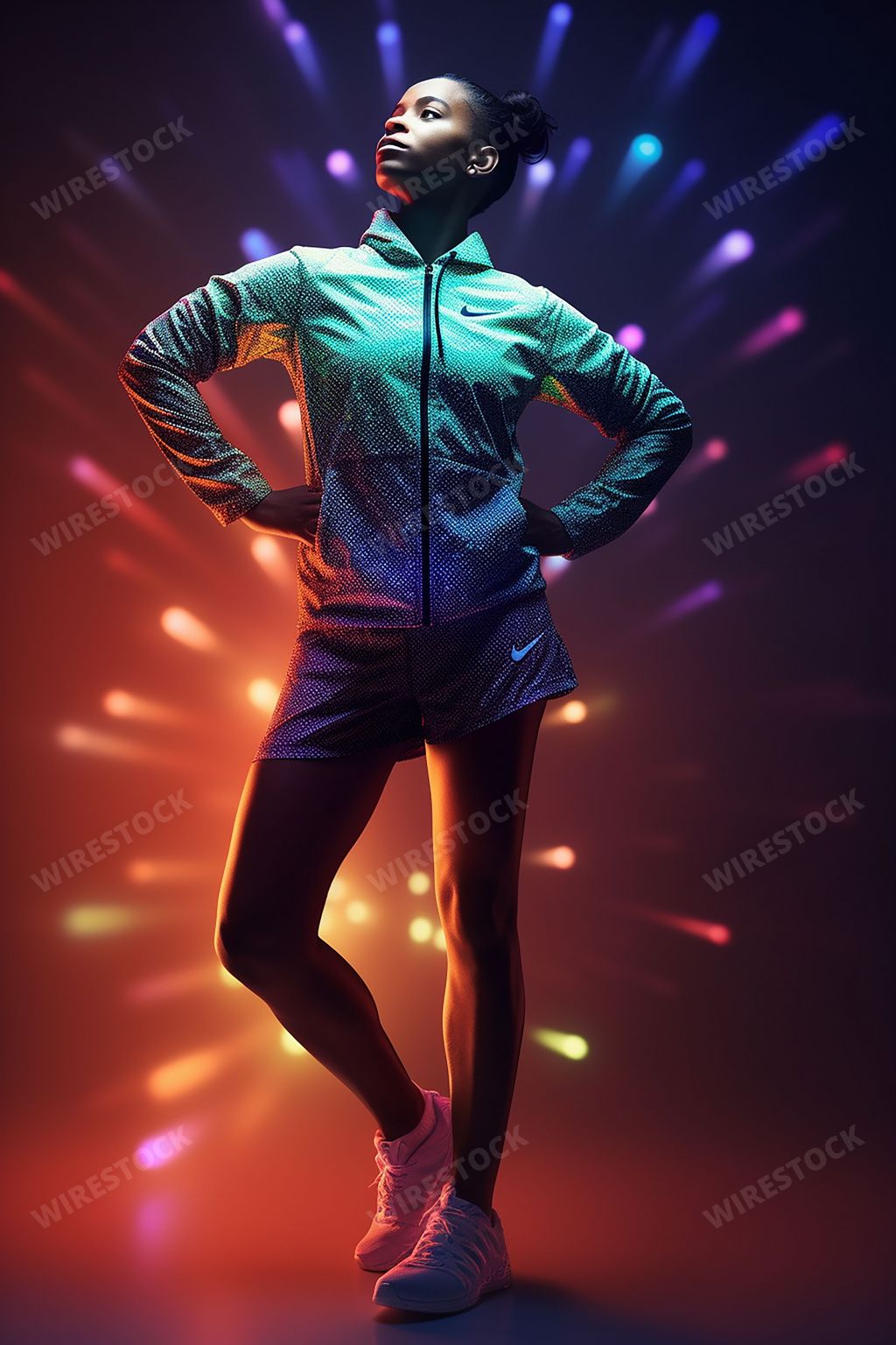 An AI generated illustration of A young woman in a bright neon Nike jacket stands against a contrasting backdrop