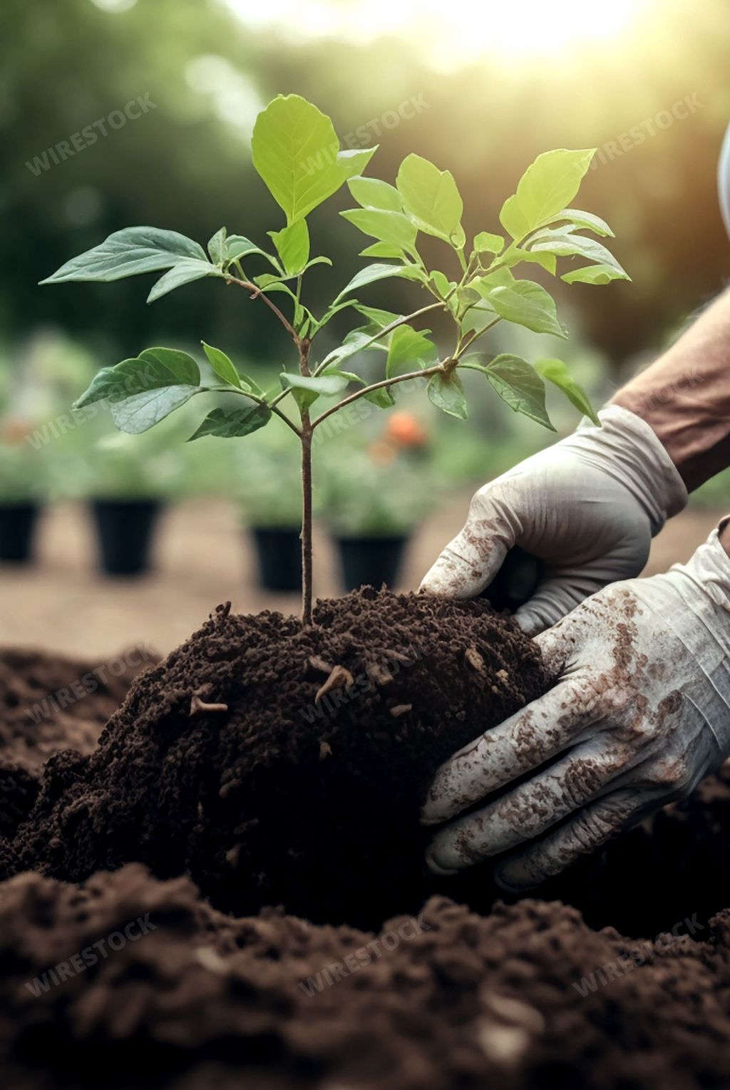 An AI generated illustration of a person crouching down and planting a sapling in a large pile of dirt