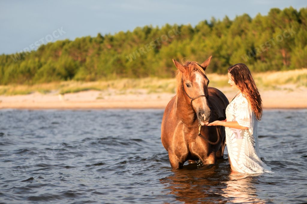 A female stands alone in the ocean with her horse, surrounded by a peaceful landscape