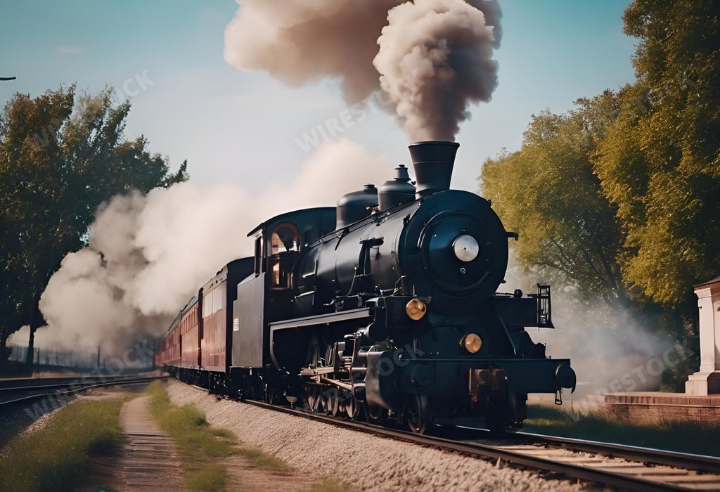 An AI illustration of an antique locomotive traveling through a picturesque rural landscape.