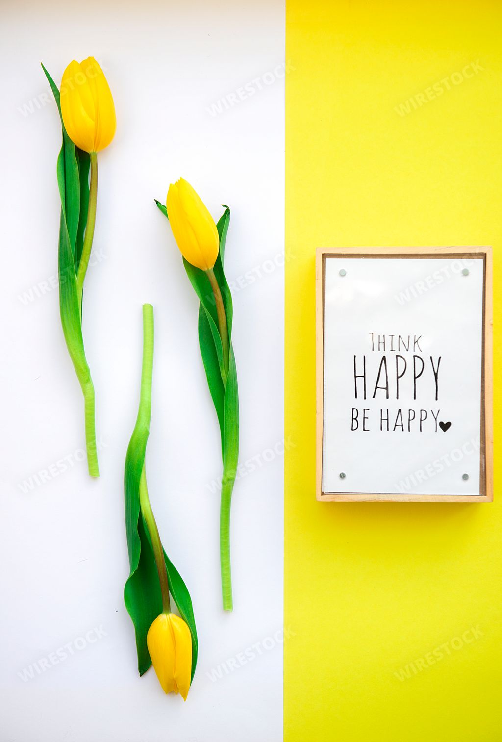 Motivational words of wish in a frame,think happy be happy on white yellow spring color tulips flower background