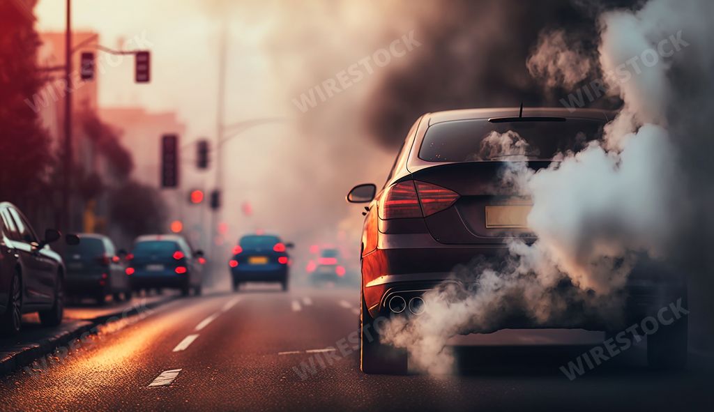 An AI generated illustration of several cars driving on the road in a hazy, smoky environment