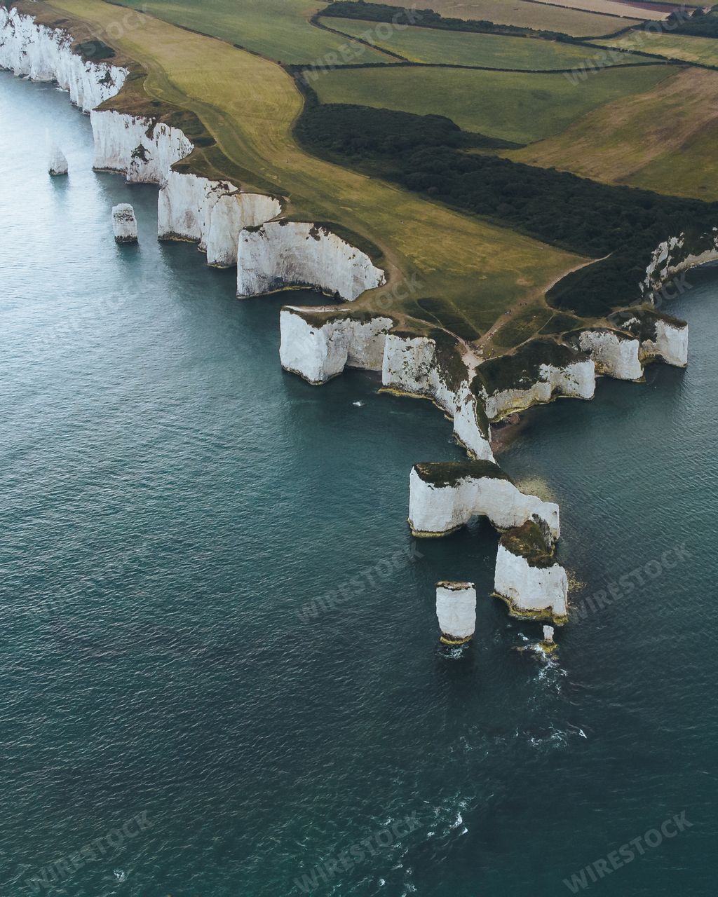 An aerial view of Old Harry Rocks in Dorset, England