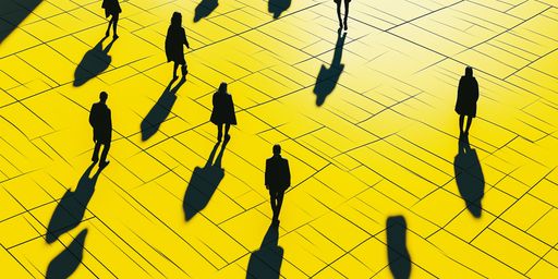 AI-generated Silhouettes of people walking on a yellow tiled floor casting long shadows in the sunlight