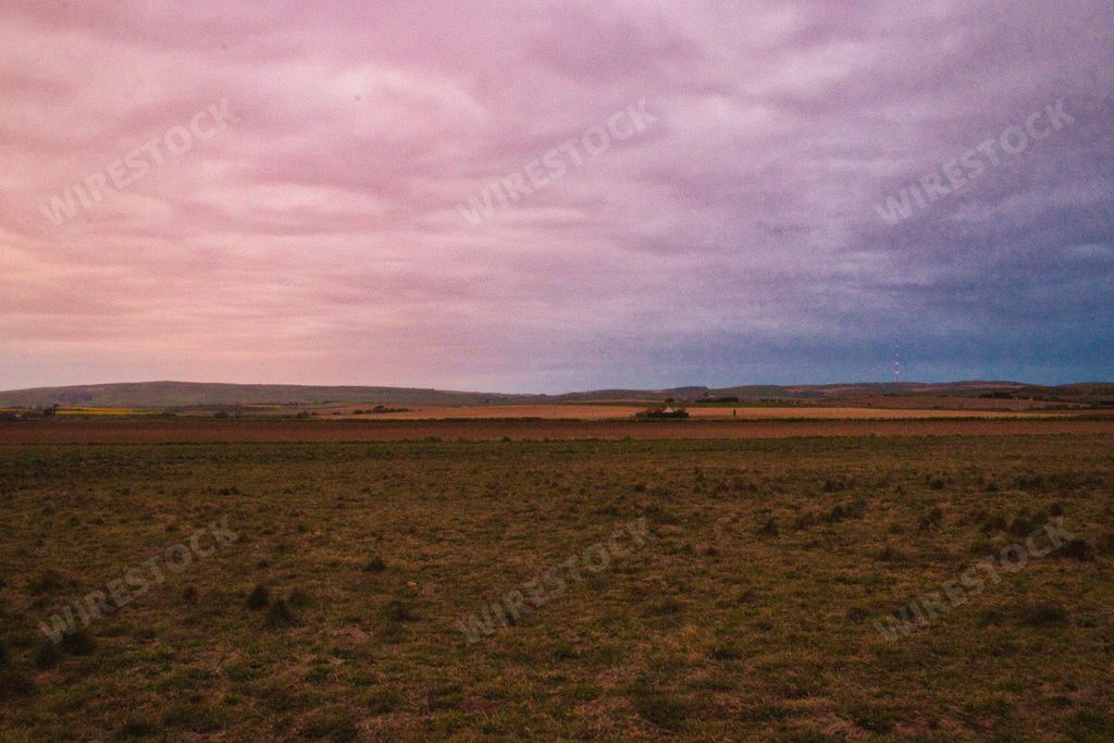 A scenic view of an endless field during sunset with a dramatic pinkish sky