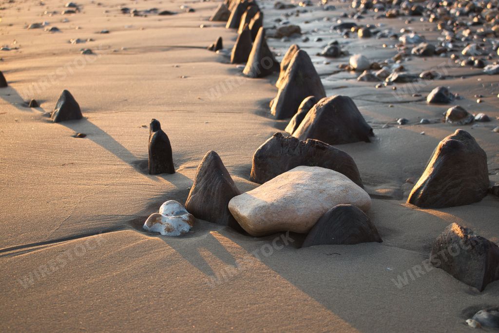 A close-up shot of big rocks on a wet sandy beach