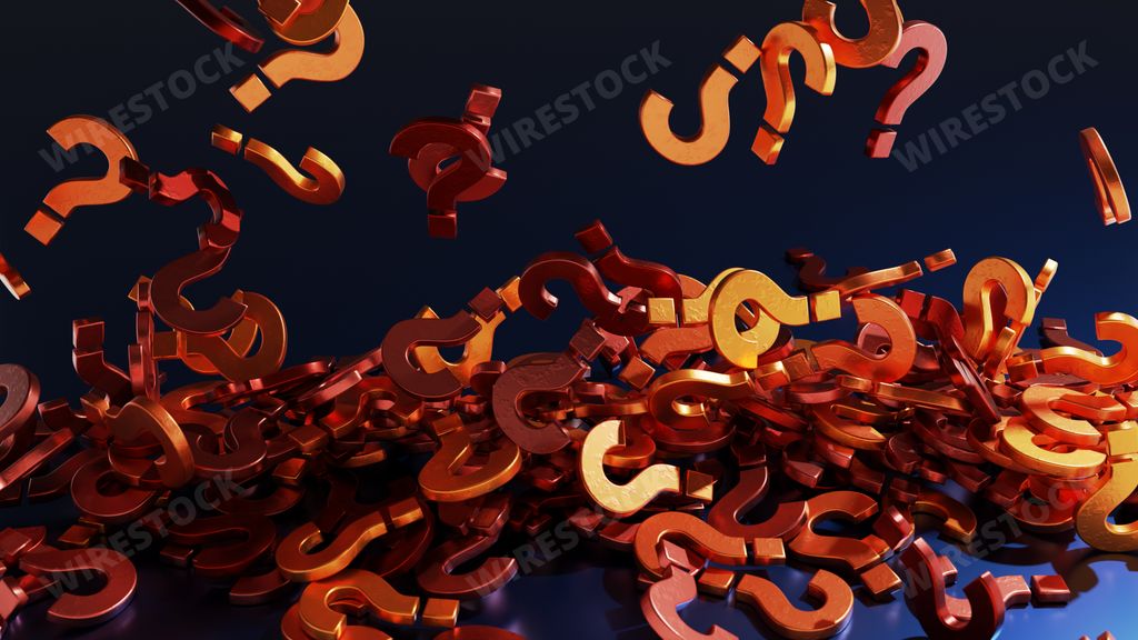 A 3d render of red question marks falling down on a blue background