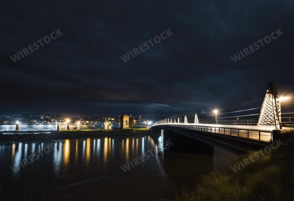 An AI-generated illustration of a bridge spanning over a body of water, illuminated in the darkness of night under a cloudy sky