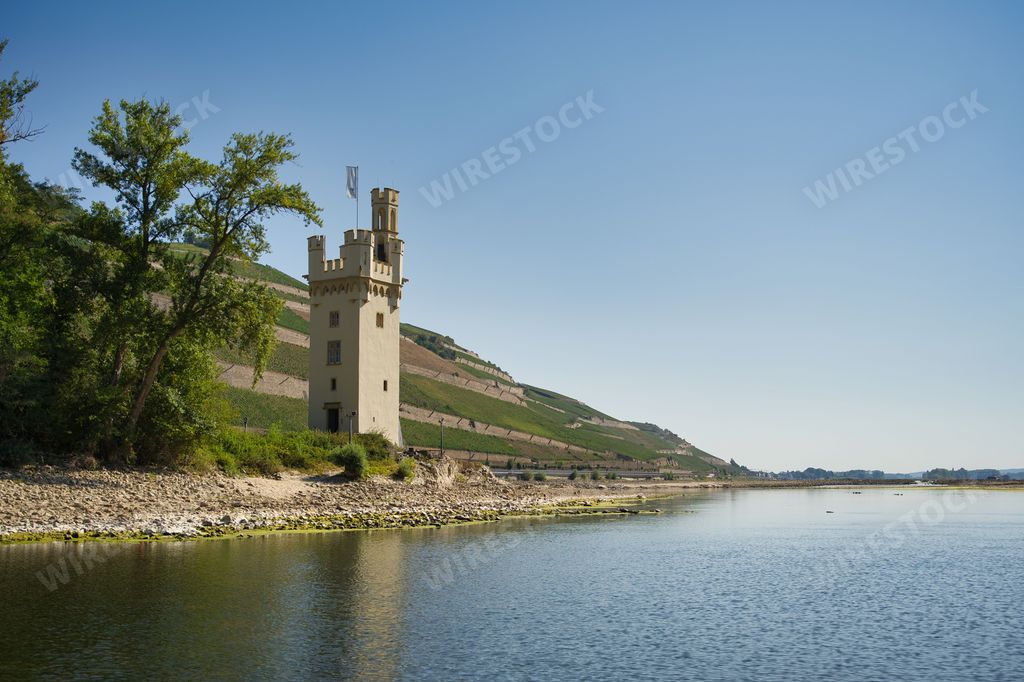 The historic stone Mouse Tower near water in Bingen am Rhein, Germany