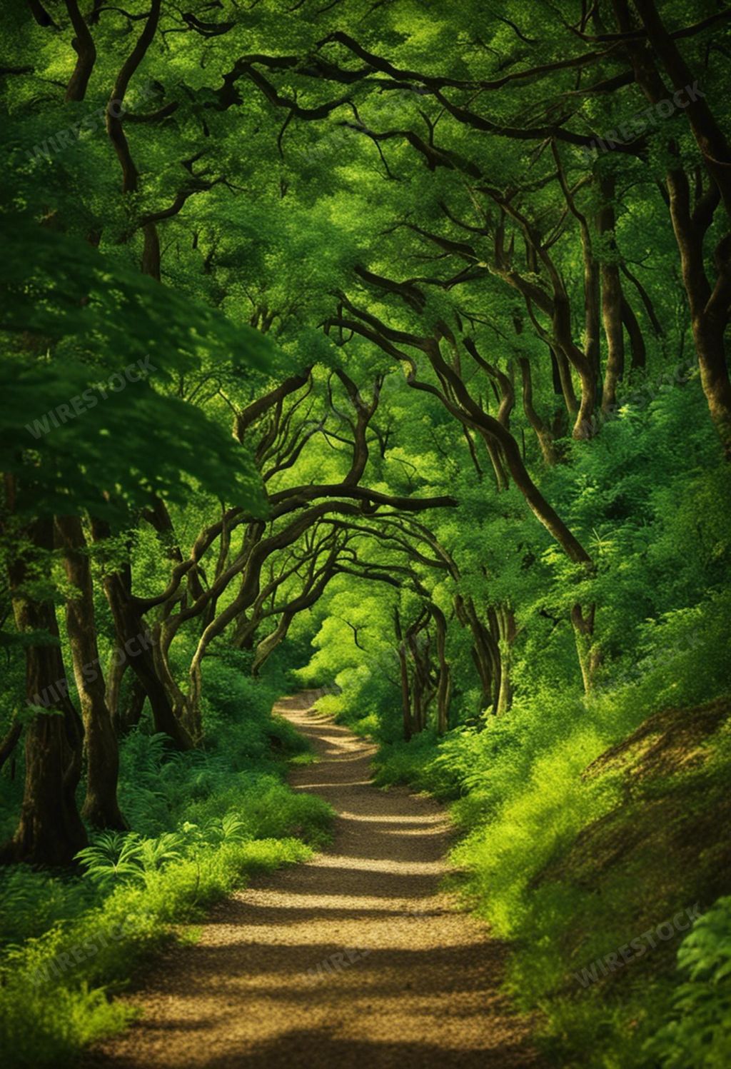 An AI-generated illustration of a scenic dirt path surrounded by lush green trees and foliage
