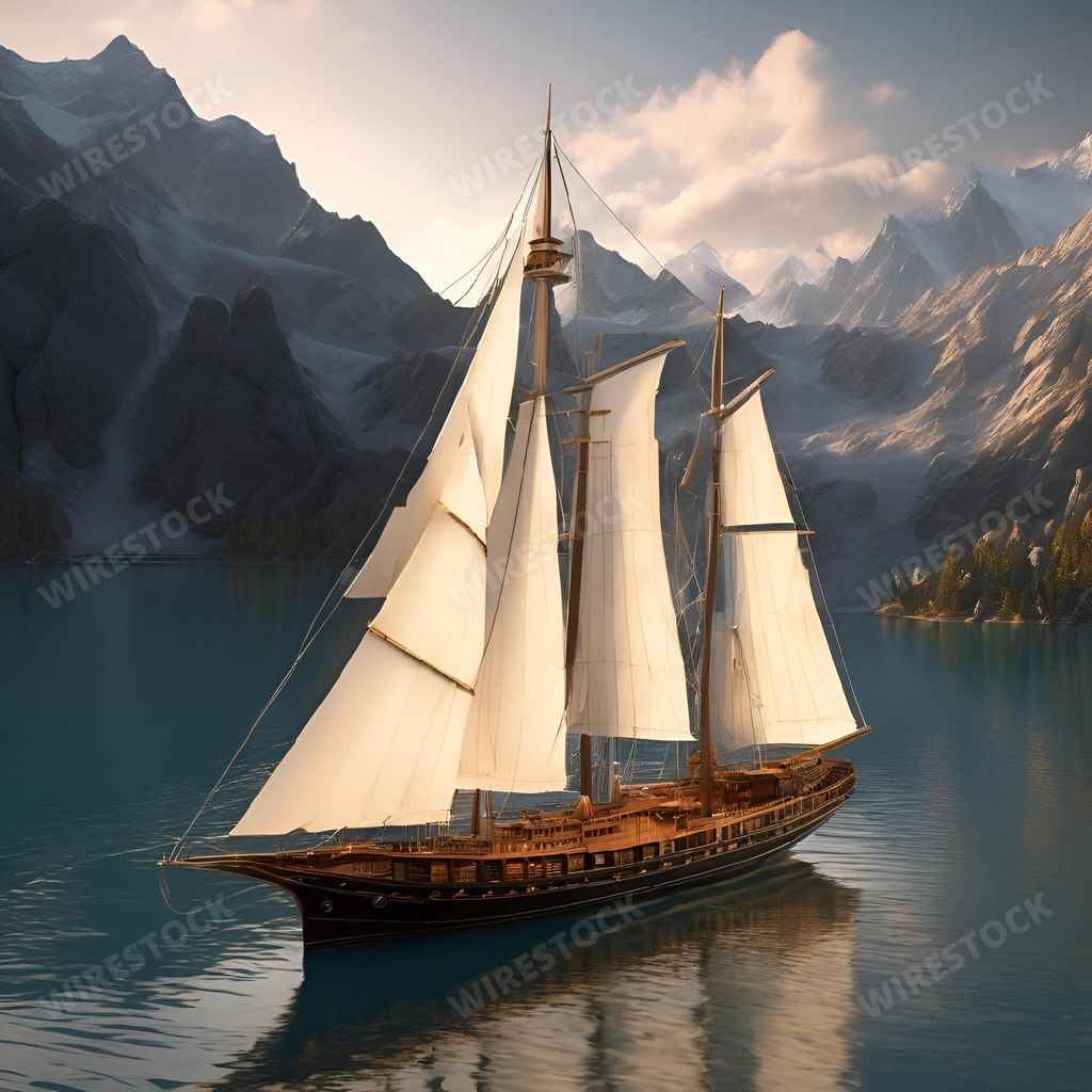 An AI generated illustration of a large sailboat sailing in a tranquil body of water with lush green mountains in the backdrop
