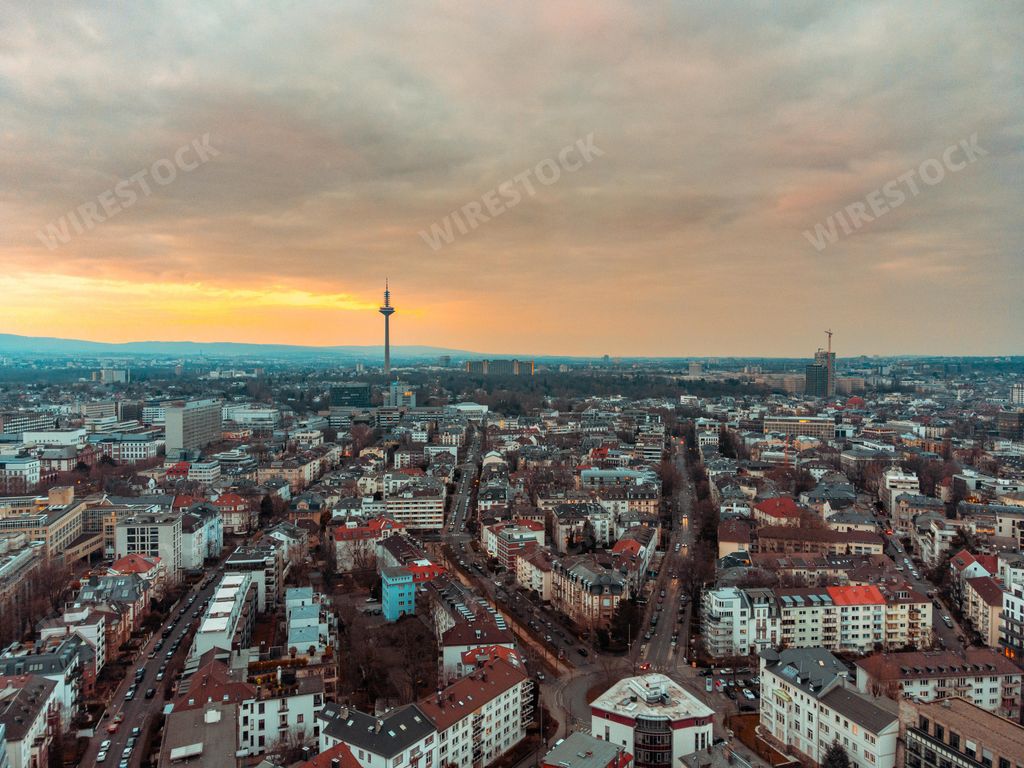 A scenic shot of sunset across the cityscape of Frankfurt am Main in Germany