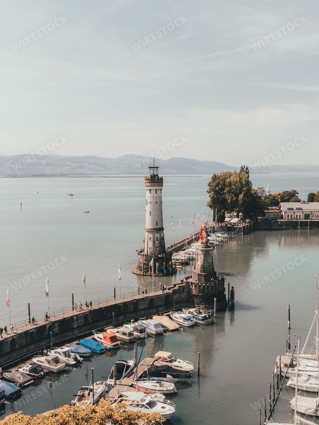 An aerial view of Lindau Lighthouse on Lake Constance