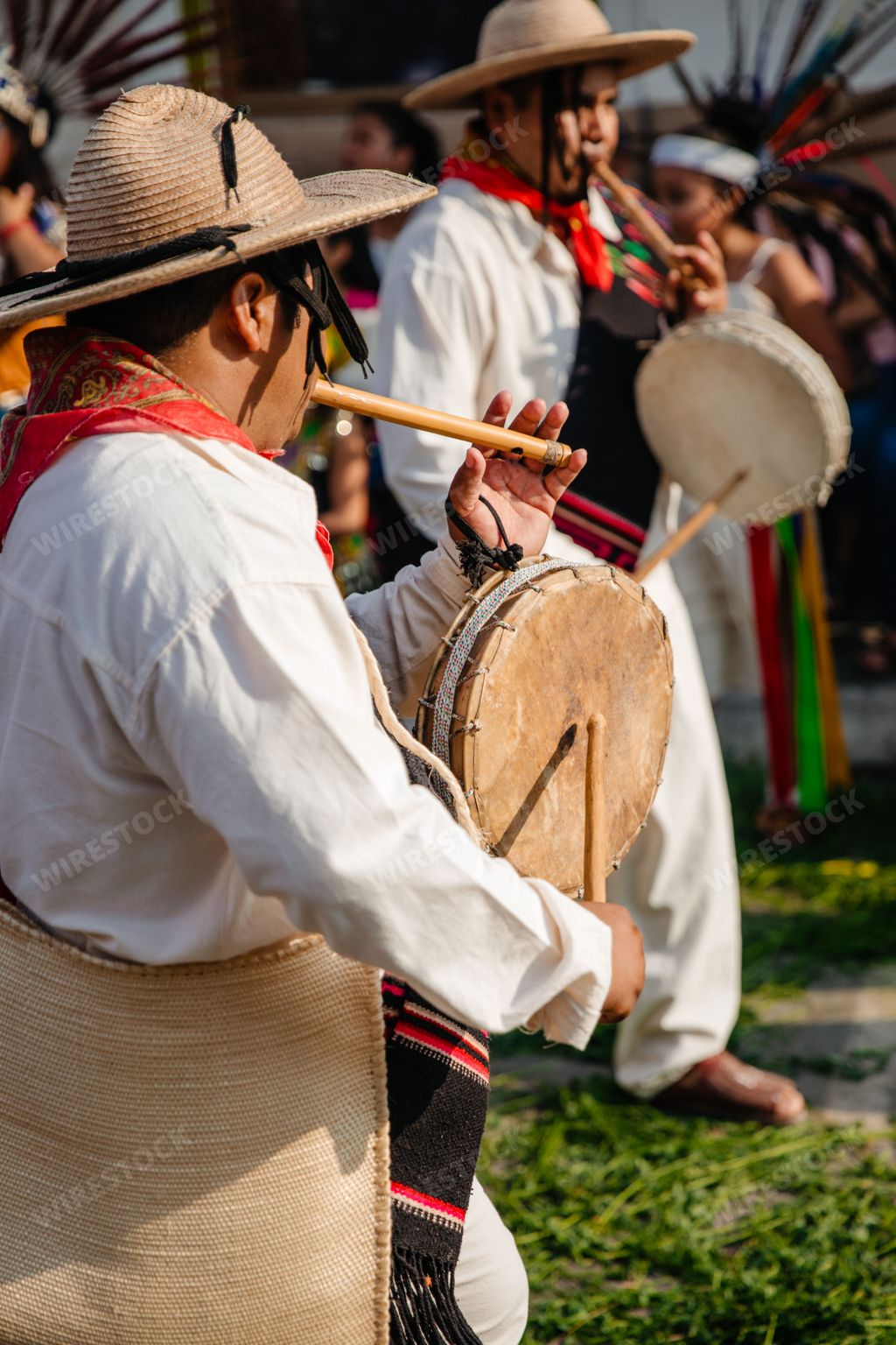 A group of local people in traditional customs perform drums at the annual dancing parade holidays
