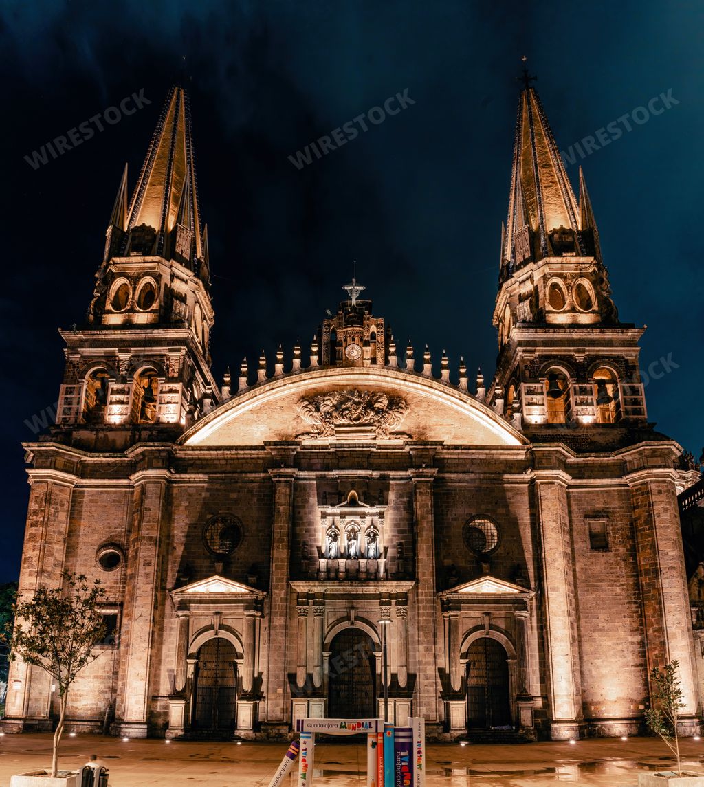 The mesmerizing skyline of Guadalajara Cathedral in Mexico captured under light against the night sky