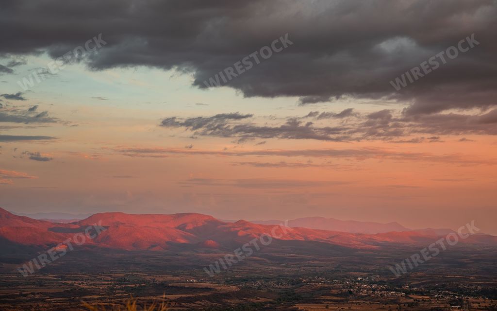 A landscape view of Tecolotlan valley from Sierra de Quila at sunset in Jalisco, Mexico