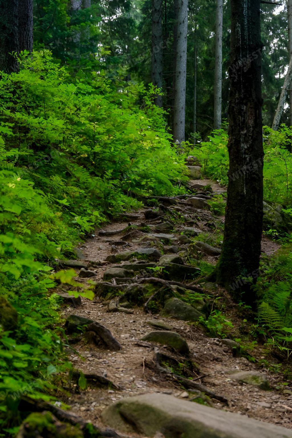 A path ascending a wooded hill with a forest floor in Ceahlau Mountain, Piatra Neamt, Romania