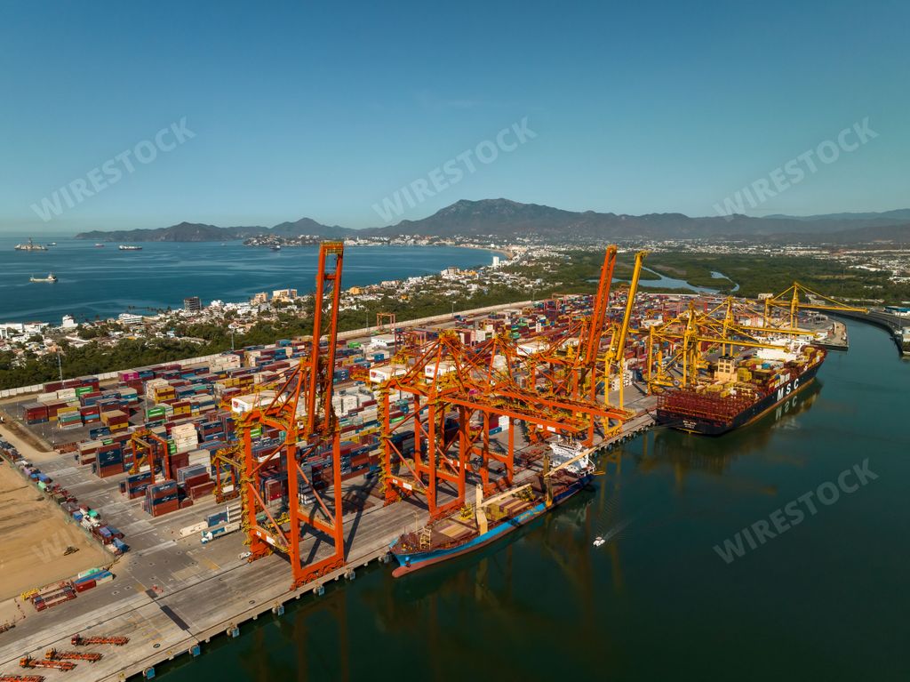 This aerial view of a bustling port features multiple large cranes and cargo ships, as well as an expansive coastline
