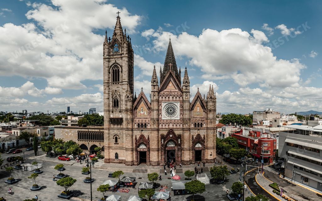 An aerial view of the Templo Expiatorio del Santisimo Sacramento in Guadalajara, Jalisco, Mexico
