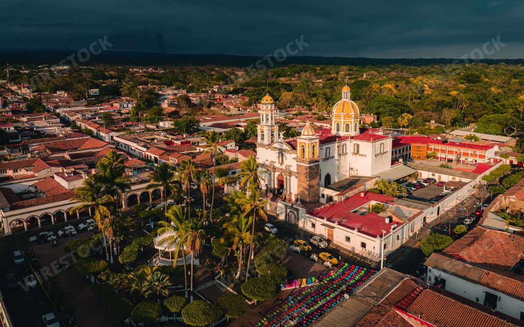 An aerial view of San Miguel Archangel of the Holy Spirit Parish in Comala, Mexico