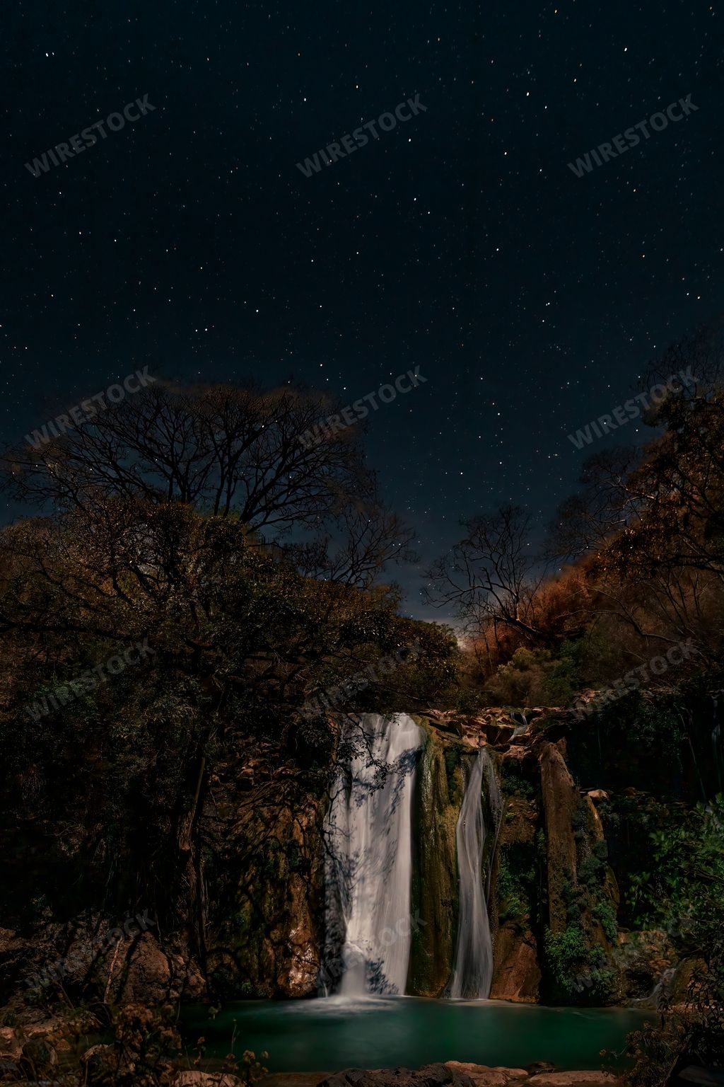 A landscape of Comala waterfalls in Cascada de Comala Park at sunset in Chiquilistlan, Jalisco, Mexico