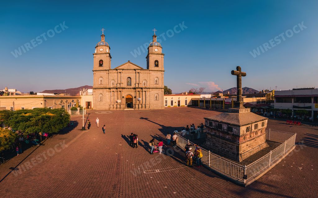 An aerial view of the San Juan Bautista church in Tuxpan Jalisco, Mexico