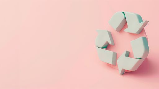 An AI generated illustration of 3D rendering of recycle symbol on a pink pastel background.
