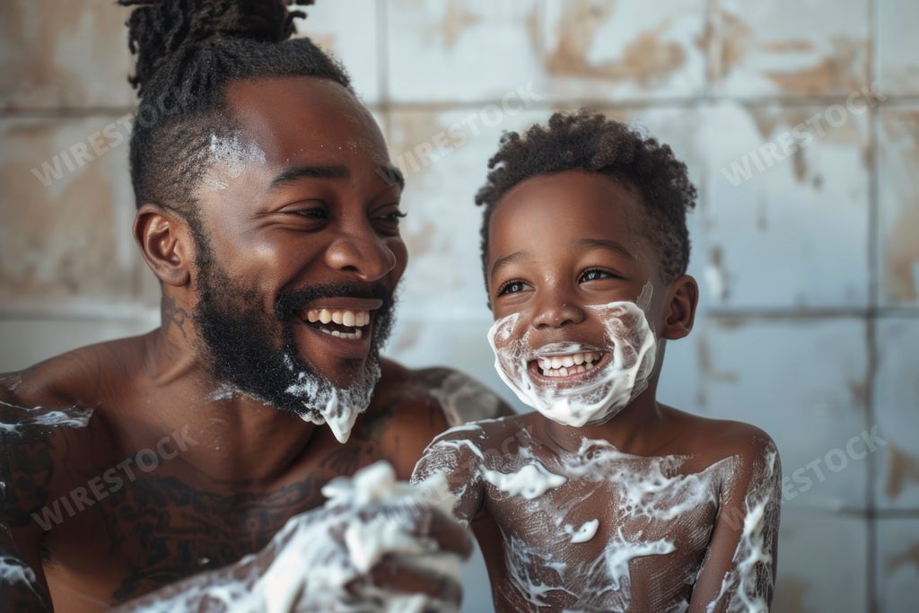 An African man and child with white face paint, AI-generated.