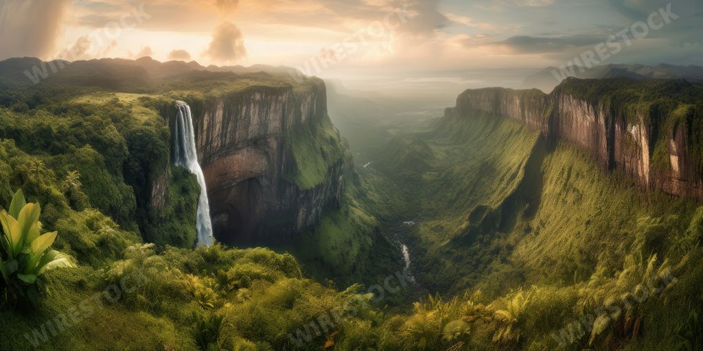 An AI generated illustration of a lush landscape of mountains, with a cascading waterfall in the background