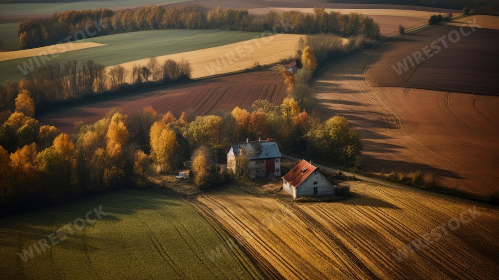 An AI-generated illustration of a cozy rural house situated in a large field surrounded by lush trees.