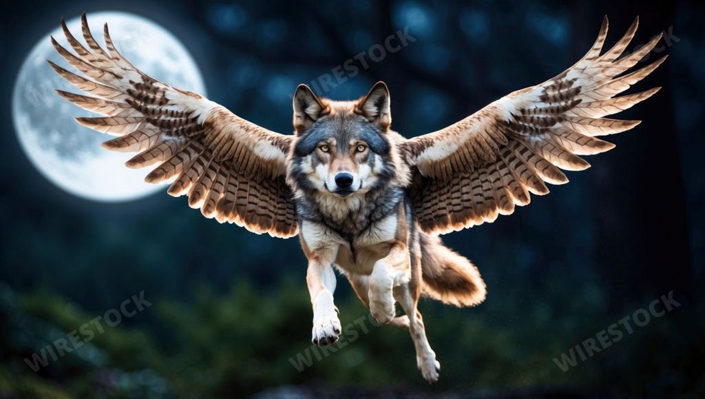 An AI generated illustration of a flying wolf with wings in front of a full moon