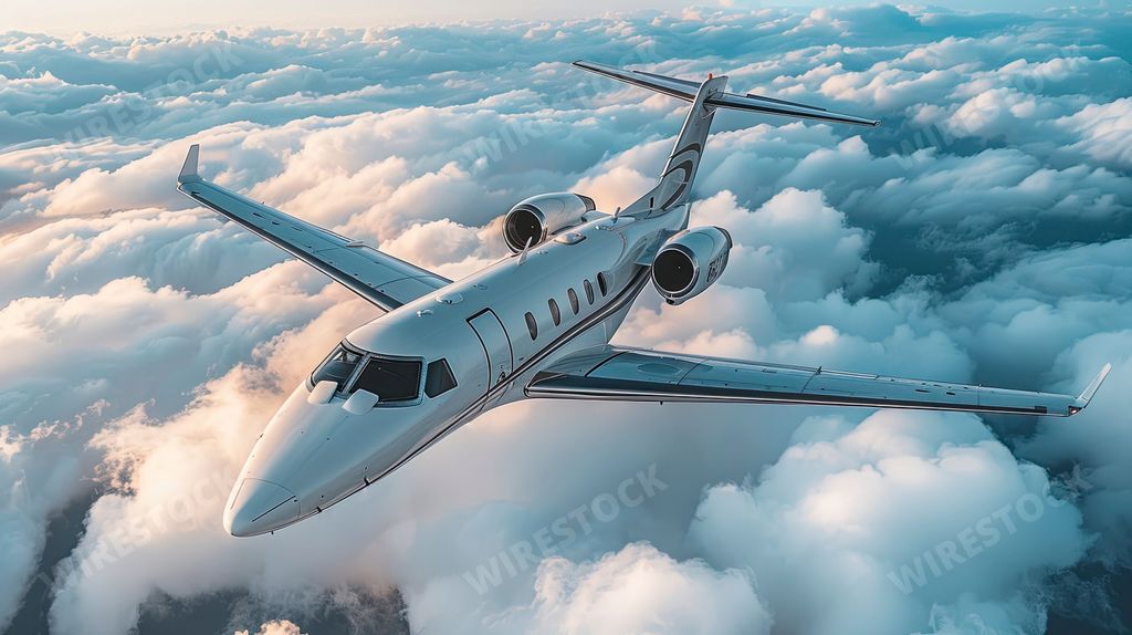 An AI-generated illustration of a private jet flying above the clouds