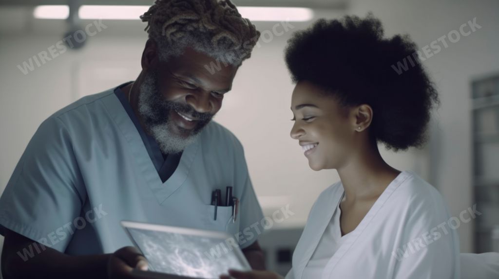 An AI generated illustration of a smiling doctor and a nurse in scrubs