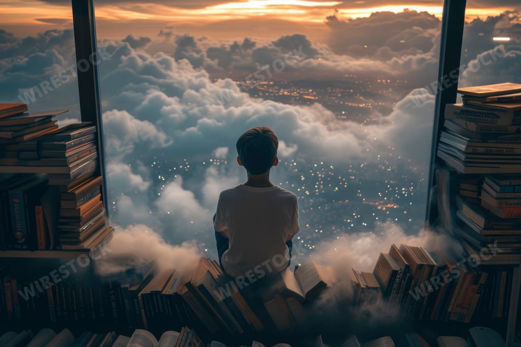 An AI-generated illustration of a young boy sitting by a window, books nearby, looking at the sky