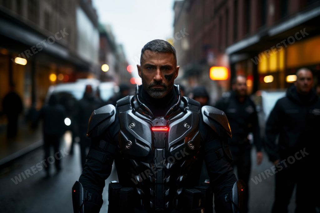 An AI-generated illustration of a man wearing a futuristic metal suit in a street setting