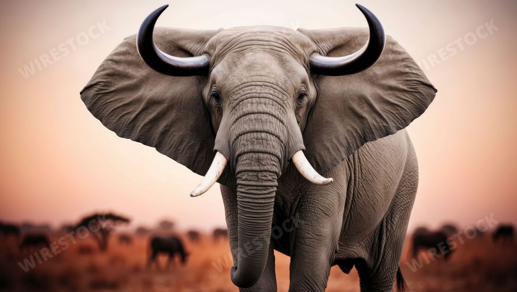 An AI generated illustration of a majestic elephant with large tusks standing in the African savannah at sunset.