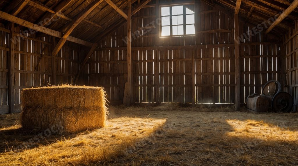 An AI generated illustration of Sunlight streams through large windows in a rustic barn with hay