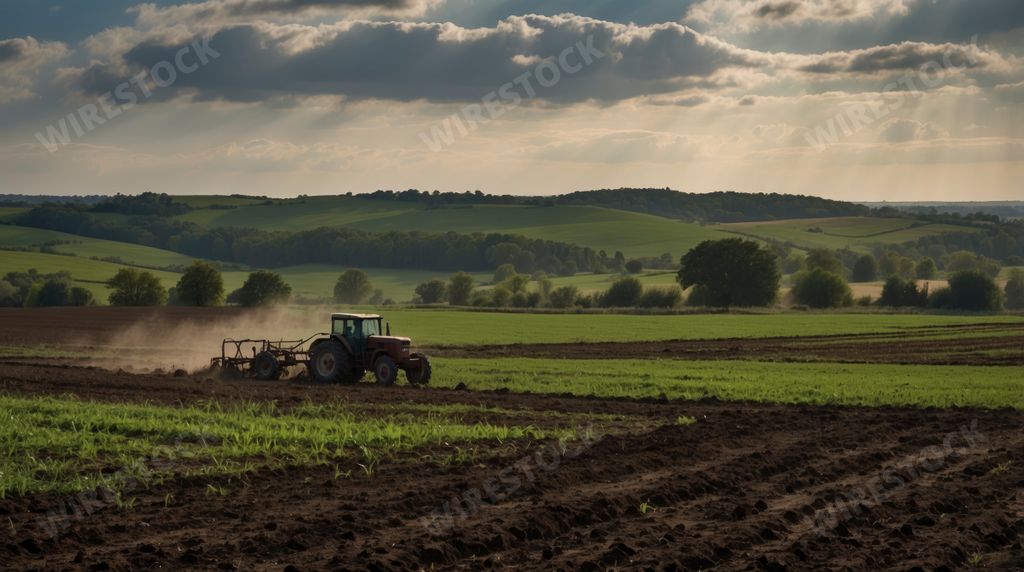 An AI generated illustration of A tractor plows the countryside in summer
