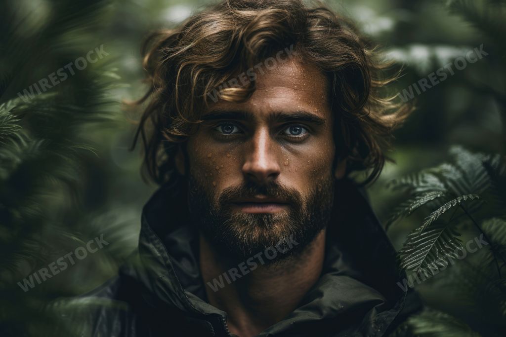 An AI generated illustration of a Caucasian male wearing a dark jacket in a jungle