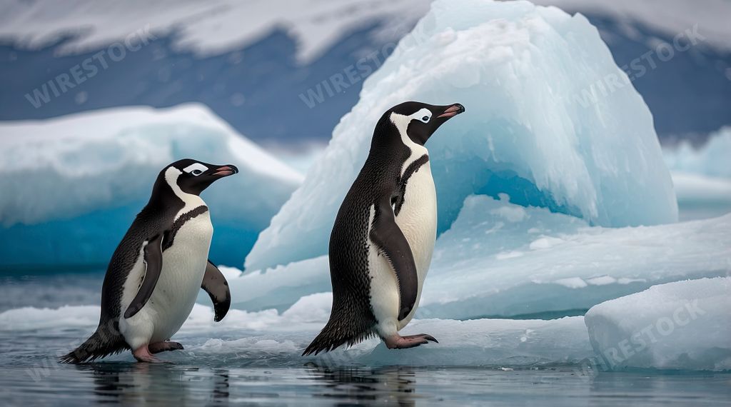 An AI generated illustration of Two penguins strolling on icy ocean by mountain base