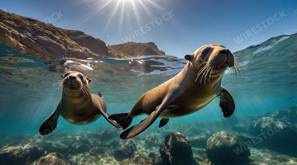 An AI generated illustration of Two brown sea lions swimming underwater with sunlight and rocks below