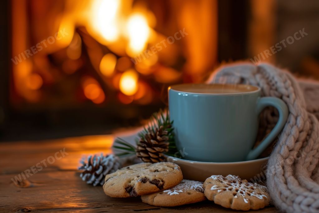 A cup of coffee, chocolate, and cookies by a cozy fireplace, AI-generated.