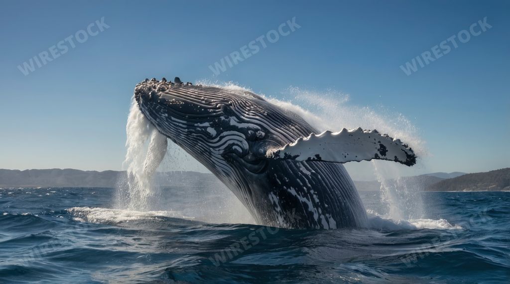 An AI generated illustration of Humpback whale with open mouth diving into water