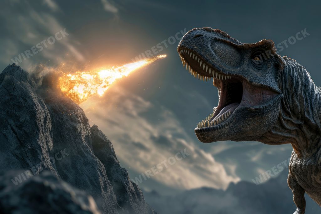 An AI generated illustration of a colossal dinosaur emitting flames from its mouth